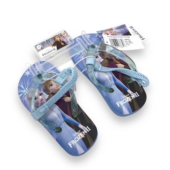 Disney Girls Kids FROZEN II Flip Flops 5/6 Elsa Anna Back Strap Blue NWT - Picture 2 of 4
